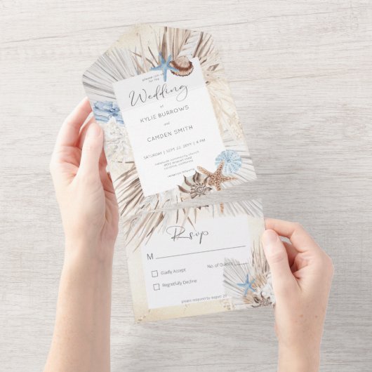 Boho Cream Beach Rustic No Dinner All In One Uitnodiging (Afscheurbaar)