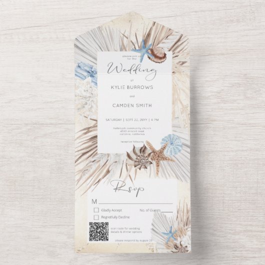 Boho Cream Beach Rustige QR-code All In One Uitnodiging (Binnen)