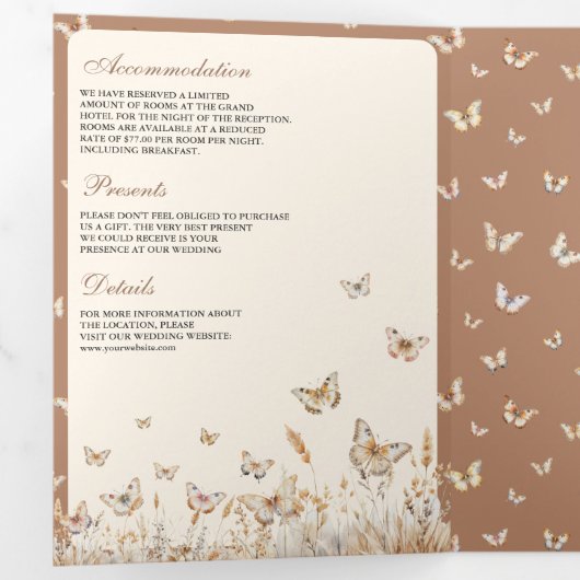 Boho Cream Beige Wildflower Butterfly Boog Huwelij Drieluik Uitnodiging (Binnenzijde eerst)