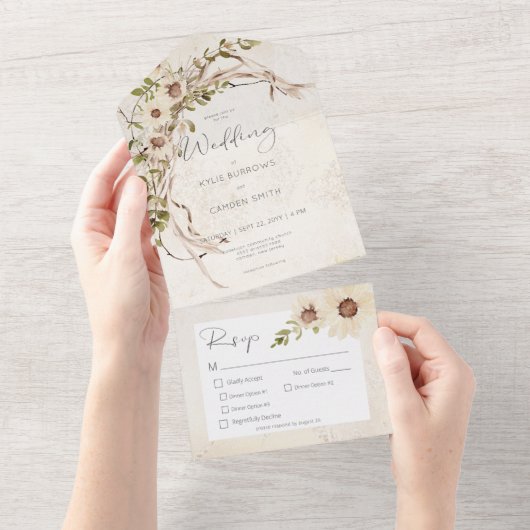 Boho Cream Daisies & Gedroogd Gras Diner All In One Uitnodiging (Afscheurbaar)