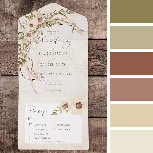 Boho Cream Daisies & Gedroogd Gras Diner All In One Uitnodiging