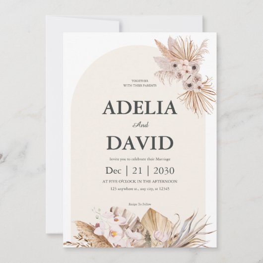 Boho Cream Pampas Faire-part de mariage (Devant)