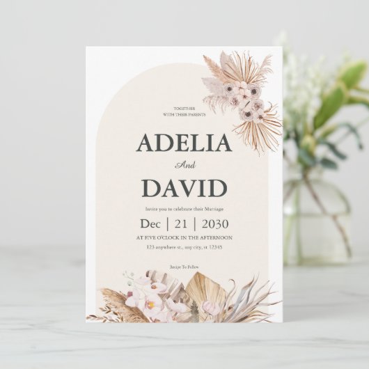 Boho Cream Pampas Faire-part de mariage (Debout devant)