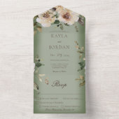 Boho Cream Rozen Sage Green Dinner All In One Uitnodiging (Binnen)