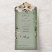 Boho Cream Rozen Sage Green No Dinner All In One Uitnodiging (Binnen)