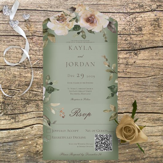 Boho Cream Rozen Sage Green QR Code All In One Uitnodiging