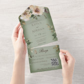 Boho Cream Rozen Sage Green QR Code All In One Uitnodiging (Afscheurbaar)