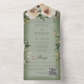 Boho Cream Rozen Sage Green QR Code All In One Uitnodiging (Binnen)