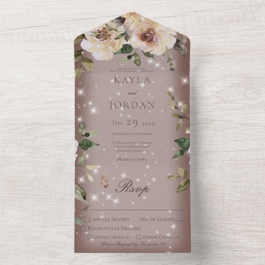 Boho Cream Rozen Sparkle Brown All In One Uitnodiging (Binnen)