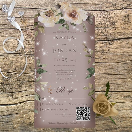 Boho Cream Rozen Sparkle Brown QR Code All In One Uitnodiging