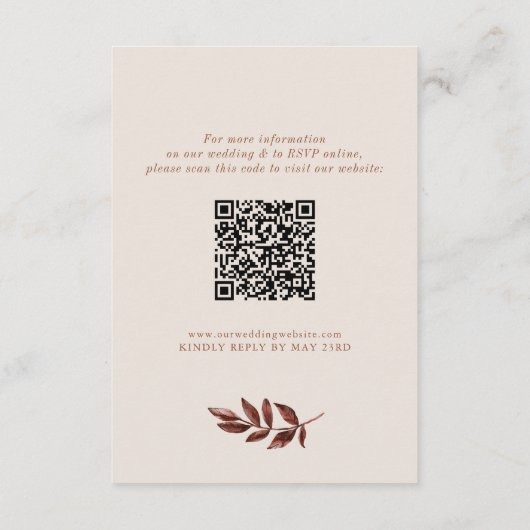 Boho Cream & Terracotta Bladeren QR code Bruiloft Informatiekaartje (Achterkant)