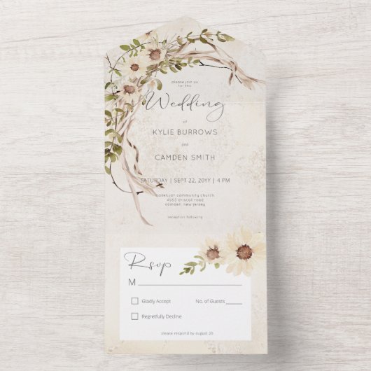 Boho crème madeliefjes & gedroogd gras geen diner all in one uitnodiging (Binnen)