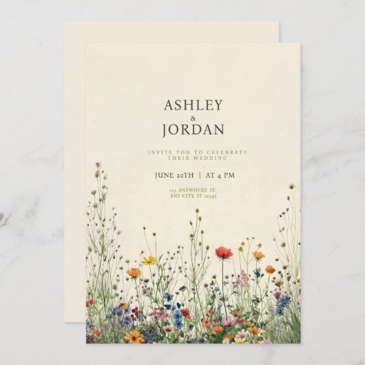 Boho Crème Wilde Bloem Bruiloftsinvitation Kaart (Voorkant / Achterkant)