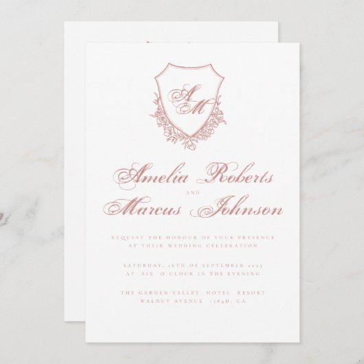 Boho Crest Blush rose Faire-part de mariage (Devant / Derrière)