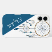 Boho Custom Name Dreamweaver Blue White Feathers Case-Mate iPhone Case (Achterkant (horizontaal))