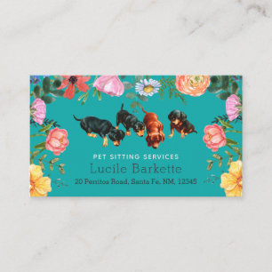 Boho Dachshund huisdieroppas wilde bloemen turquoi Visitekaartje