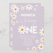 Boho Daisies One Birthday Party lilac invitation (Devant / Derrière)