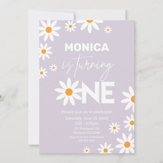Boho Daisies One Birthday Party lilac invitation Kaart (Voorkant)