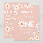 Boho Daisies One Birthday Party Pink invitation (Devant / Derrière)