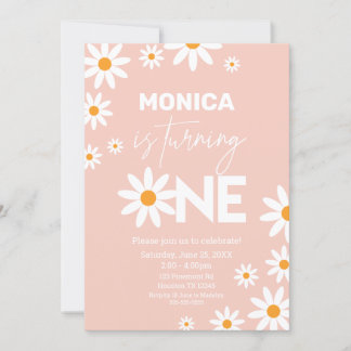 Boho Daisies One Birthday Party Pink invitation Kaart