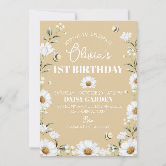 Boho Daisy Bee Invitation d'anniversaire (Devant)