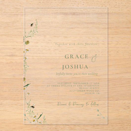 Boho Daisy Beidge Wildflower bruiloft Acryl Uitnodigingen (Voorkant)