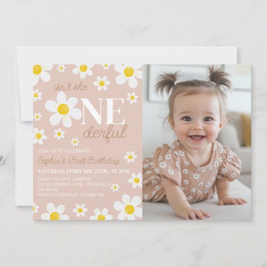 Boho Daisy Bloom First Birthday Photo Invitation (Devant)