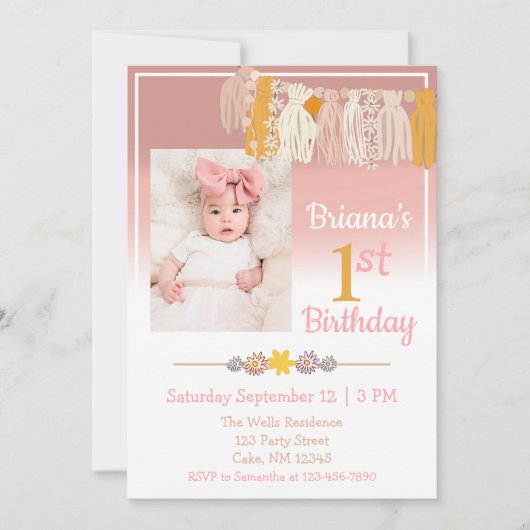 Boho Daisy Custom Foto roze First Birthday Kaart (Voorkant)