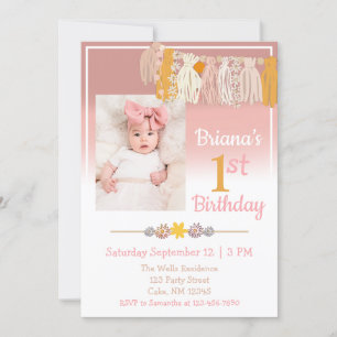 Boho Daisy Custom Foto roze First Birthday Kaart