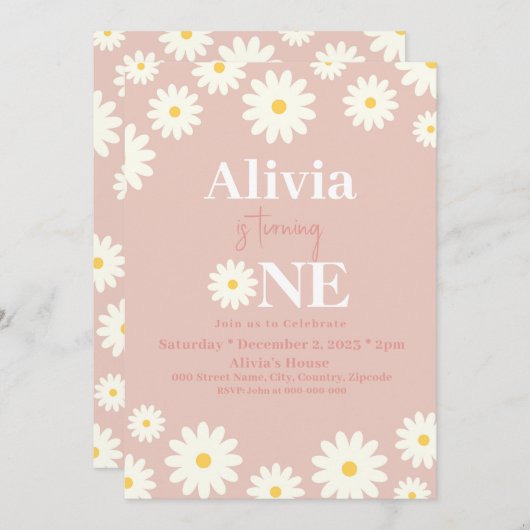 Boho Daisy Een Bloemenroze Bohemian 1e Verjaardag Kaart (Voorkant / Achterkant)