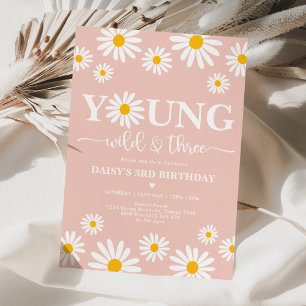 Boho Daisy Floral Young Wild & Three 3rd Birthday Kaart