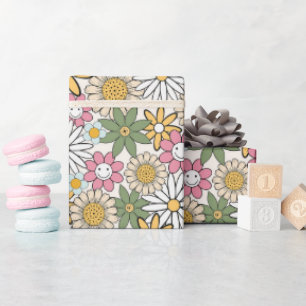 Boho Daisy Flowers 70s Groovy Floral Cadeaupapier