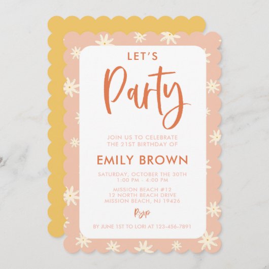 Boho Daisy Let's Party any Age or Event Invitation Kaart (Voorkant / Achterkant)
