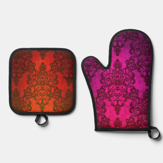Boho Damask Levendige Roze en Rode Patroon Ovenwant & Pannenlap Set (Voorkant)