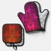 Boho Damask Levendige Roze en Rode Patroon Ovenwant & Pannenlap Set (Voorkant / Achterkant)