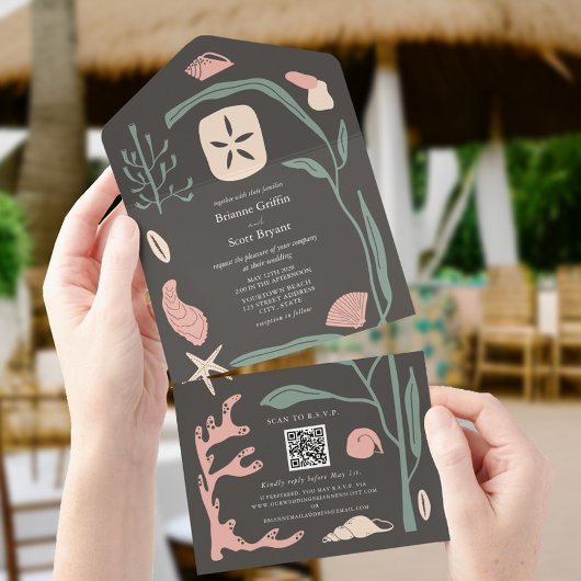 Boho Dark Beach Seashell bruiloft QR RSVP All In One Uitnodiging