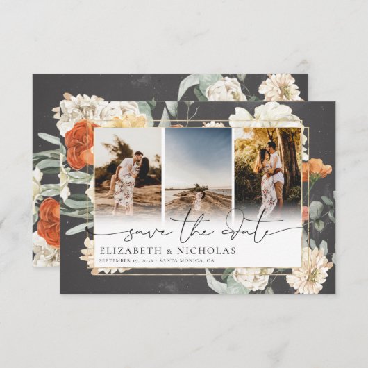Boho Dark Floral | 3 Fotobruiloft Save The Date (Voorkant / Achterkant)