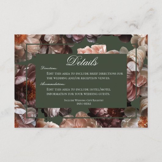Boho Dark Peony Bloem Moderne Bruiloft Details Informatiekaartje (Voorkant)