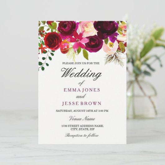 Boho de Bourgogne rouge violet Faire-part de maria (Debout devant)