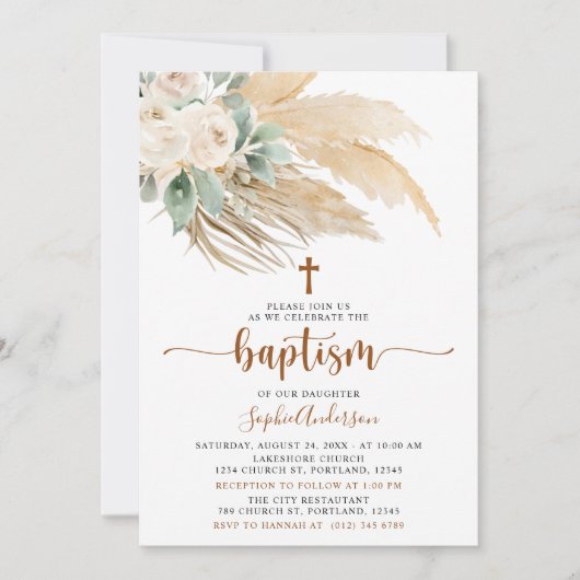 Boho de verdure Pampas Grass Baptême Invitation (Devant)