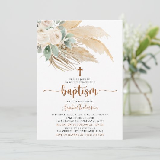 Boho de verdure Pampas Grass Baptême Invitation (Debout devant)