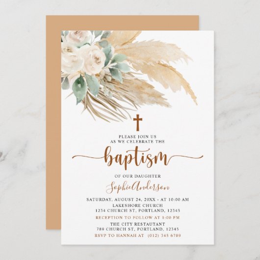 Boho de verdure Pampas Grass Baptême Invitation (Devant / Derrière)