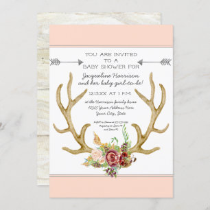 BOHO Deer Antler Blush Floral Baby Girl Shower Kaart