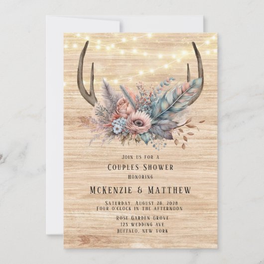 Boho Deer Antler Floral Couples Shower Kaart (Voorkant)
