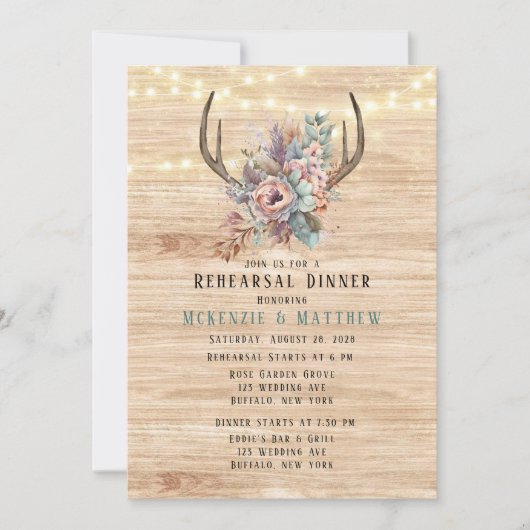 Boho Deer Antler Floral Rehearsal Dinner Kaart (Voorkant)