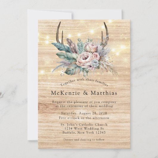 Boho Deer Antler Floral Wedding Kaart (Voorkant)