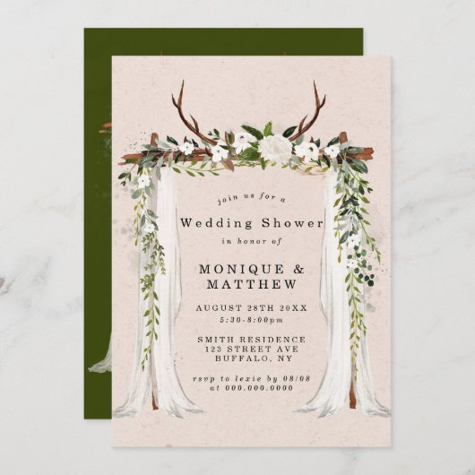 Boho Deer Antlers Canopy Invitation Wedding shower (Devant / Derrière)