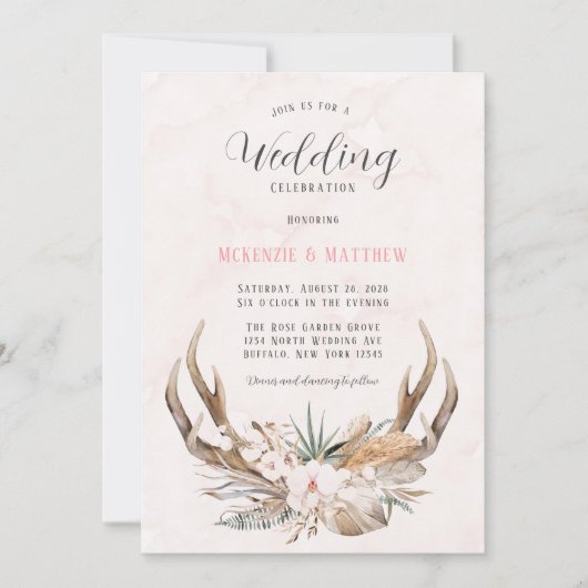 Boho Deer Antlers en Florals Wedding Invitation Kaart (Voorkant)
