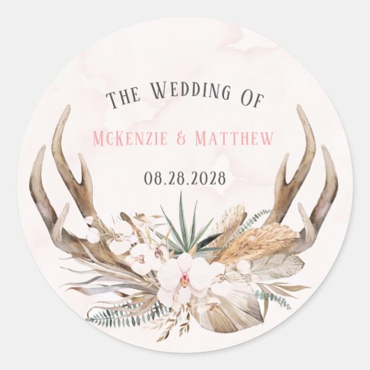 Boho Deer Antlers en Florals Wedding Ronde Sticker (Voorkant)