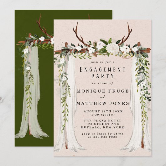 Boho Deer Antlers White Canopy Engagement Party Kaart (Voorkant / Achterkant)